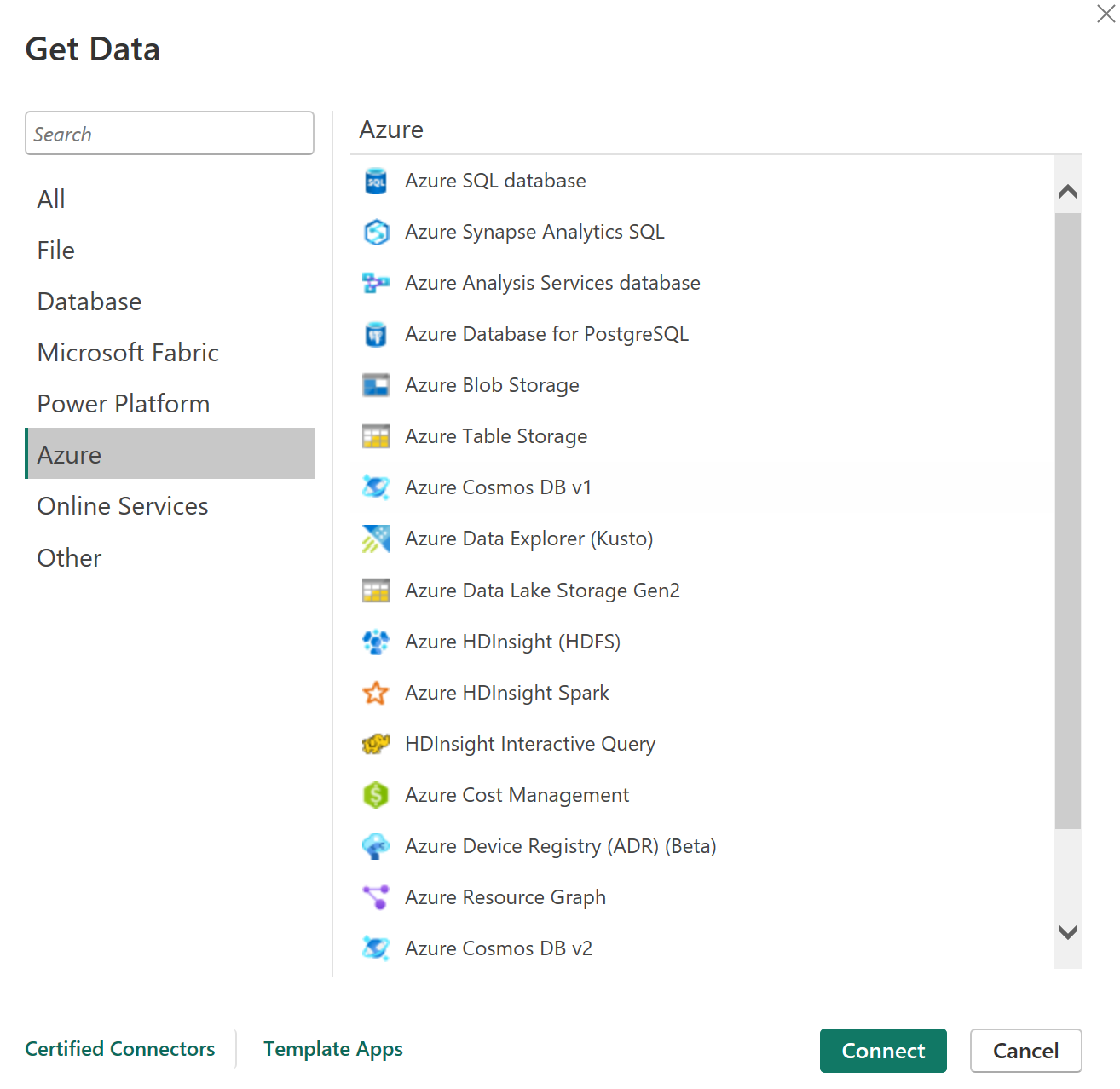 Azure Get Data sources