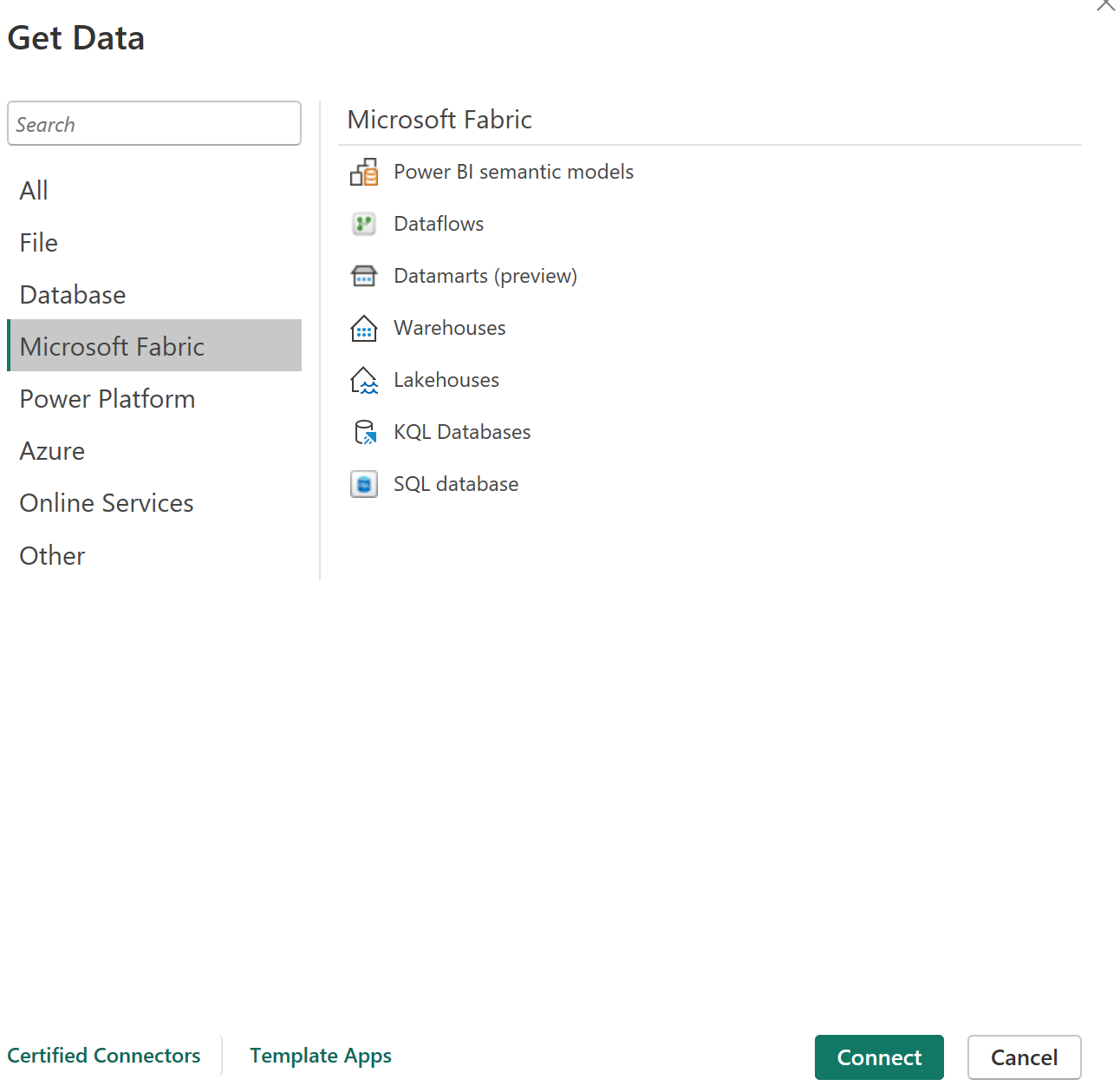 Microsoft Fabric Get Data sources